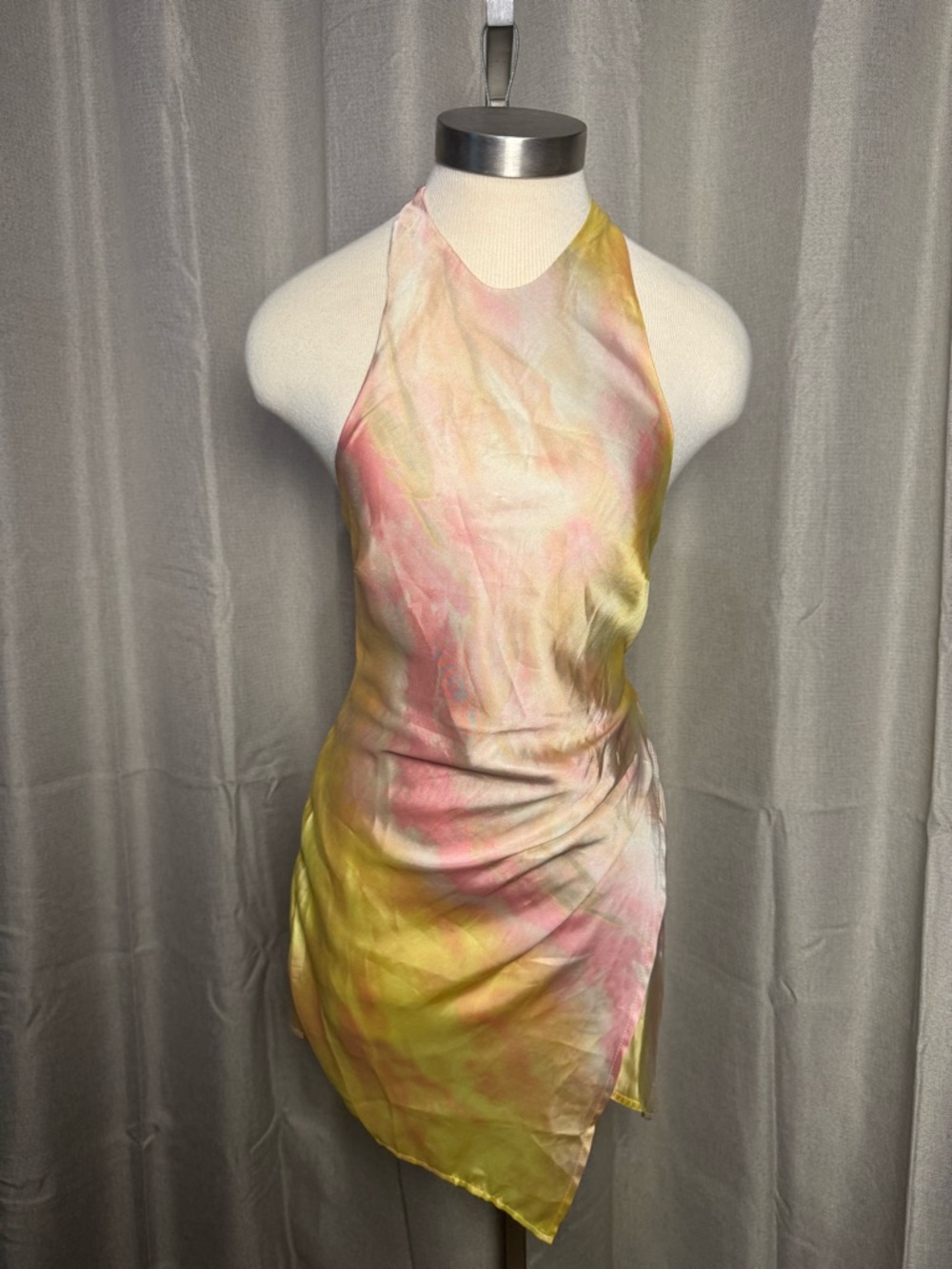 ANGEL BIBA Watercolor Yellow Satin Halter Top Mini Dress